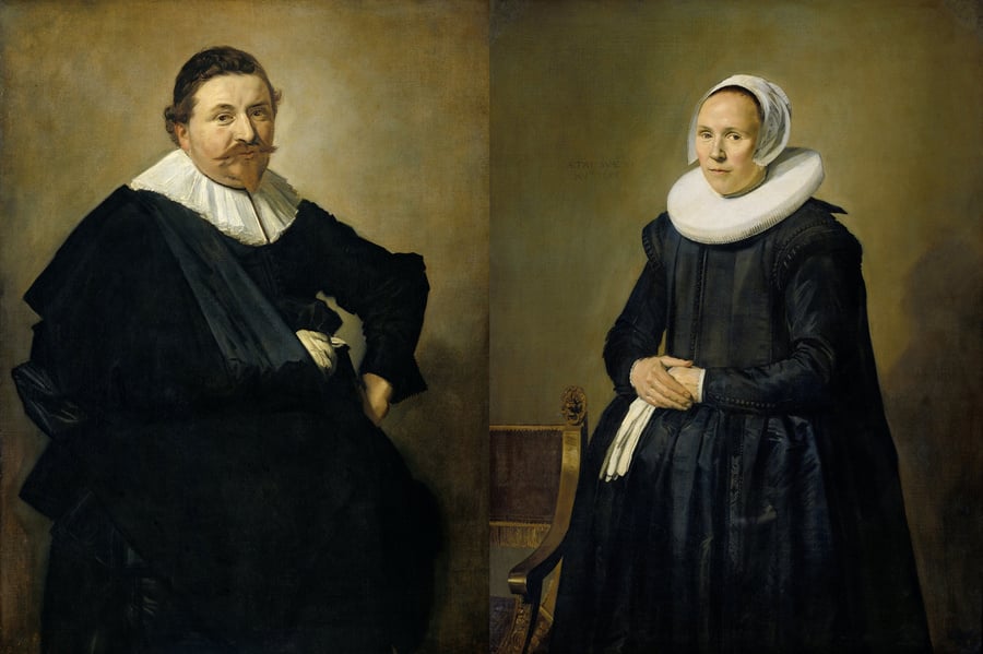 Marriage portraits of Lucas de Clercq, and Feyntje van Steenkiste, by Frans Hals, 1635, Dutch painting, oil on canvas. The informal portrait of the merchant Lucas de Clercq, contrasts with the conventionally posed portrait of his wife. Such separate portr